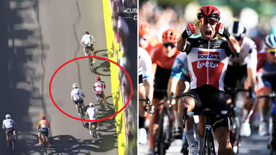 Caleb Ewan (pictured left) zig-zagging out of opponents before winning Stage Three of the Tour de France (pictured right). (Images: Eurosport/Getty Images)