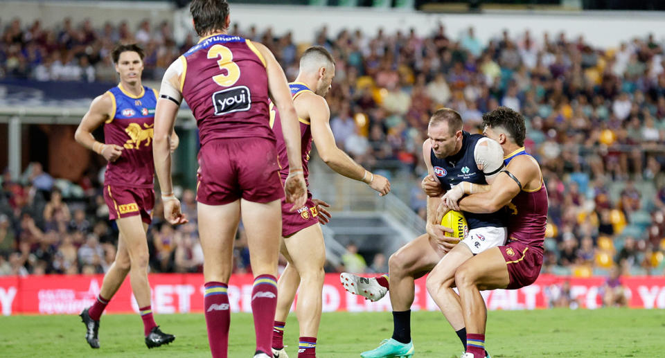 Seen here, Sam Docherty being tackled during Carlton's AFL round one win over Brisbane.