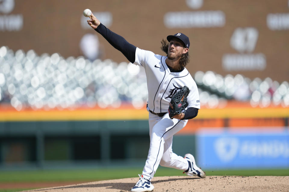 Detroit Tigers pitcher Michael Lorenzen throws agains the Atlanta Braves in the first inning during the second baseball game of a doubleheader, Wednesday, June 14, 2023, in Detroit. (AP Photo/Paul Sancya)