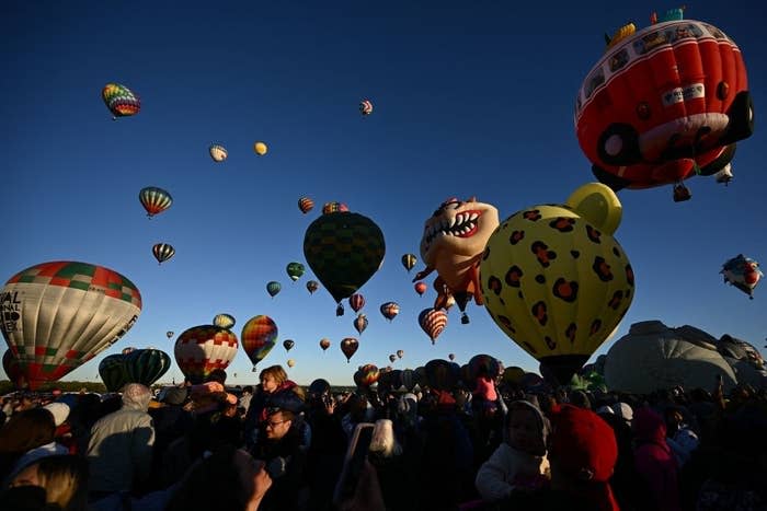 Hot air balloons of various shapes and designs are taking off at a festival, with a large crowd of spectators below enjoying the event