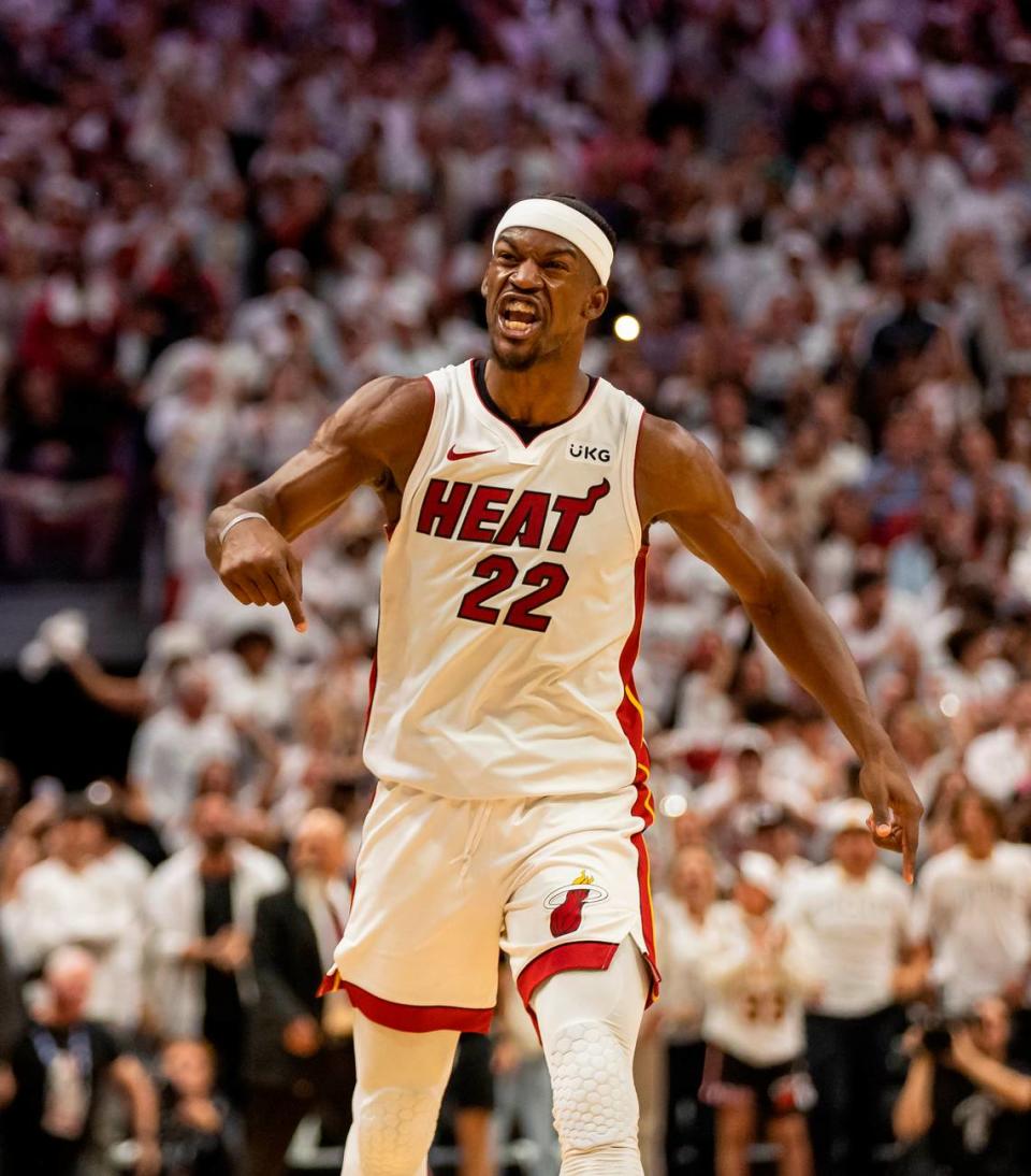 Miami Heat forward Jimmy Butler (22) reacts after scoring against the Milwaukee Bucks during the fourth quarter of Game 4 in the first-round NBA basketball playoff series at the Kaseya Center on Monday, April 24, 2023, in downtown Miami, Fla. MATIAS J. OCNER/mocner@miamiherald.com