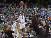 Notre Dame's Jackie Young (5) shoots against Louisville during the second half of an NCAA college basketball game in the championship of the Atlantic Coast Conference women's tournament in Greensboro, N.C., Sunday, March 10, 2019. Young was named the tournament's MVP. (AP Photo/Chuck Burton)