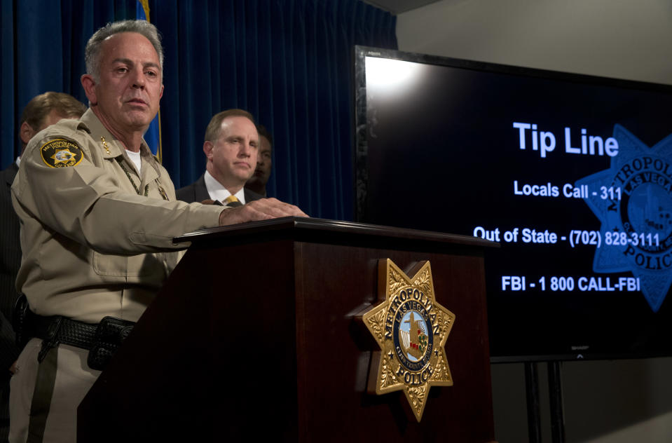 <p>Clark County Sheriff Joe Lombardo holds a media briefing at Metro Police headquarters in Las Vegas Wednesday, Oct. 4, 2017. Investigators trying to figure out the Las Vegas gunman, Stephen Paddock’s state of mind have so far been stymied by the secret life he appeared to lead before the attack on a country music concert on the Las Vegas Strip Sunday. (Photo: Steve Marcus/Las Vegas Sun via AP) </p>