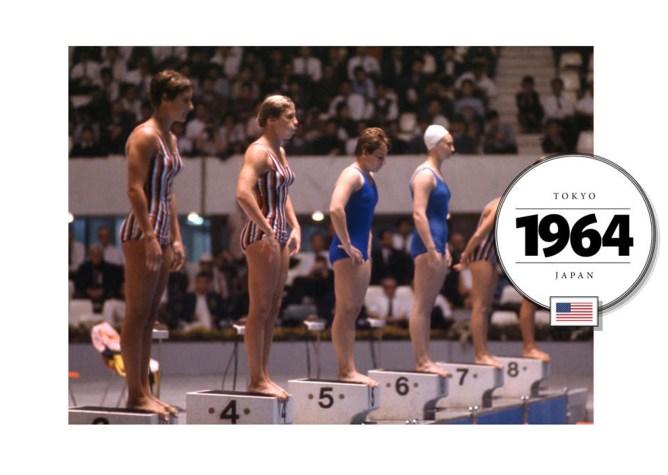 In 1964, the U.S. women’s swimsuits were the most patriotic yet, striped with red, white, and blue.