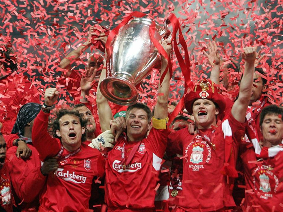 Liverpool celebrate winning the Champions League in 2005 (AFP via Getty Images)