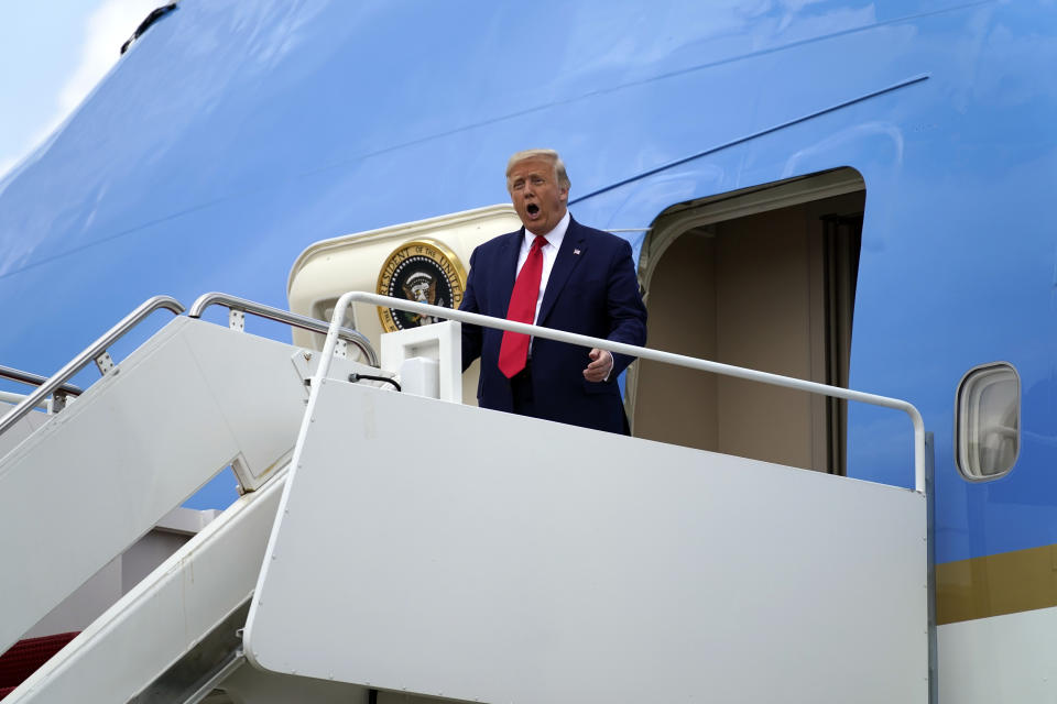 President Donald Trump arrives at Wilmington International Airport, Wednesday, Sept. 2, 2020, in Wilmington, N.C. (AP Photo/Evan Vucci)