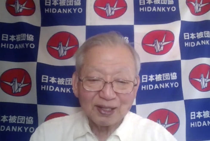 In this image made from video, Sueichi Kido, survivor of A-bombing in Nagasaki, and Secretary General of Nihon Hidankyo (Japan Confederation of A-and H-Bomb Sufferers Organizations) speaks during an online interview in Hiroshima, western Japan, on May 17, 2023. This weekend's Group of Seven summit in Hiroshima provides a rare, possibly final chance for fast-dwindling survivors of the atomic attacks on Hiroshima and Nagasaki to highlight before a global audience their urgent push to rid the world of nuclear weapons. (AP Photo)
