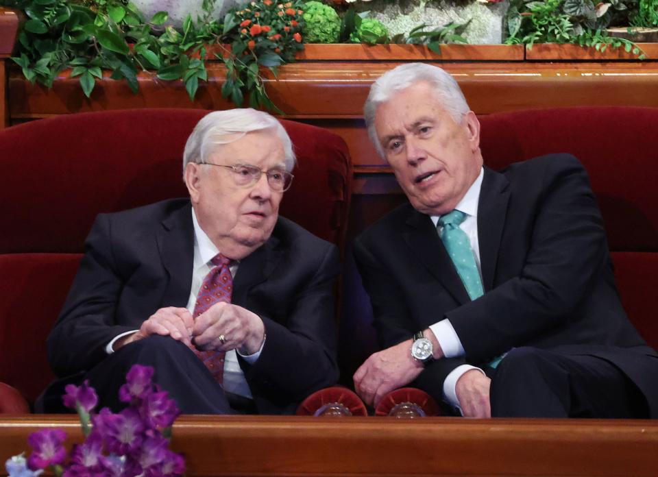 President M. Russell Ballard and Elder Dieter F. Uchtdorf talk prior to the 193rd Semiannual General Conference of The Church of Jesus Christ of Latter-day Saints at the Conference Center in Salt Lake City on Sunday, Oct. 1, 2023. | Jeffrey D. Allred, Deseret News