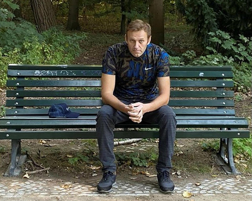 Image: Russian opposition politician Alexei Navalny sits on a bench in Berlin, Germany. (@navalny / Reuters)
