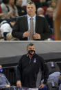 FILE - At top, Creighton head coach Greg McDermott appears resigned during the second half of an NCAA college basketball game against St. John's in New York, in a March 1, 2020, file photo. At bottom, Creighton coach McDermott watches the game action against Xavier during an NCAA college basketball game in Omaha, Neb., in a Dec. 23, 2020, file photo. College basketball coaches have eschewed the traditional game day attire of coats, ties and dress slacks in favor of polos, quarter-zips and warmup pants. The trend started over the summer with NBA coaches who went casual when the league re-started its season at Walt Disney World resort near Orlando. McDermott said he doesn't plan to dress up for games again. (AP Photo/File)