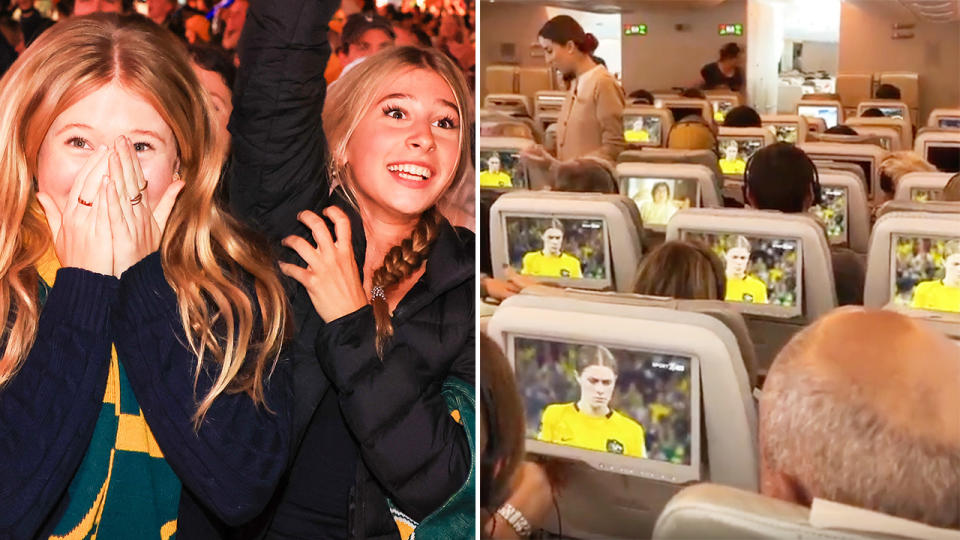 Matildas fans, pictured here watching the end of the game against France on a flight.