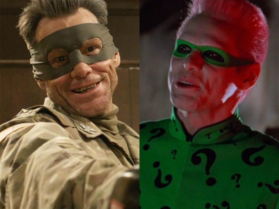 On the left: Jim Carrey as Colonel Stars and Stripes in "Kick-Ass 2." On the right: Carrey as the Riddler in "Batman Forever."