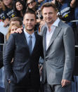 Taylor Kitsch and Liam Neeson attend the Los Angeles premiere of "Battleship" on May 10, 2012.<br>