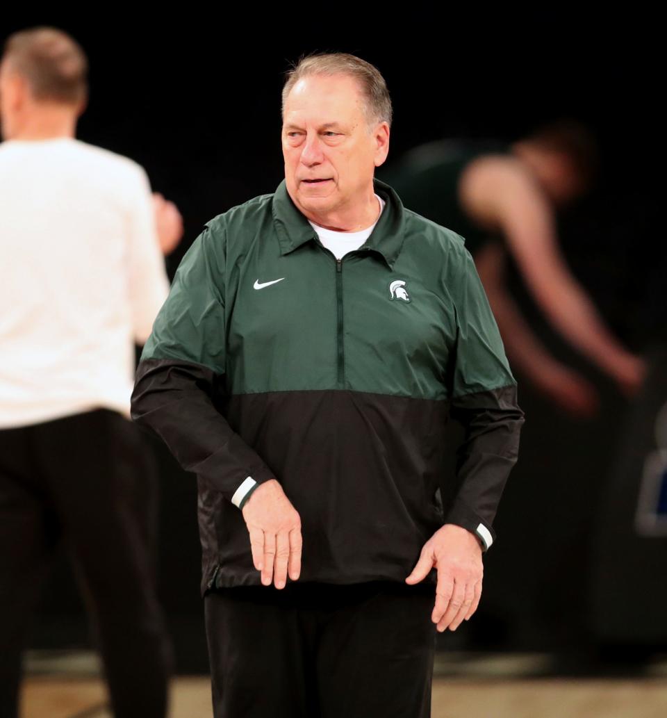 Michigan State coach Tom Izzo watches practice on Wednesday, March 22, 2023, in preparation of the East Regional semifinal against Kansas State in the NCAA tournament.