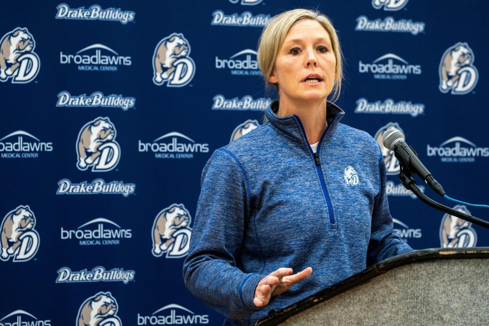 Drake coach Allison Pohlman speaks during Drake women's basketball media day at Shivers Practice Facility on Thursday in Des Moines.