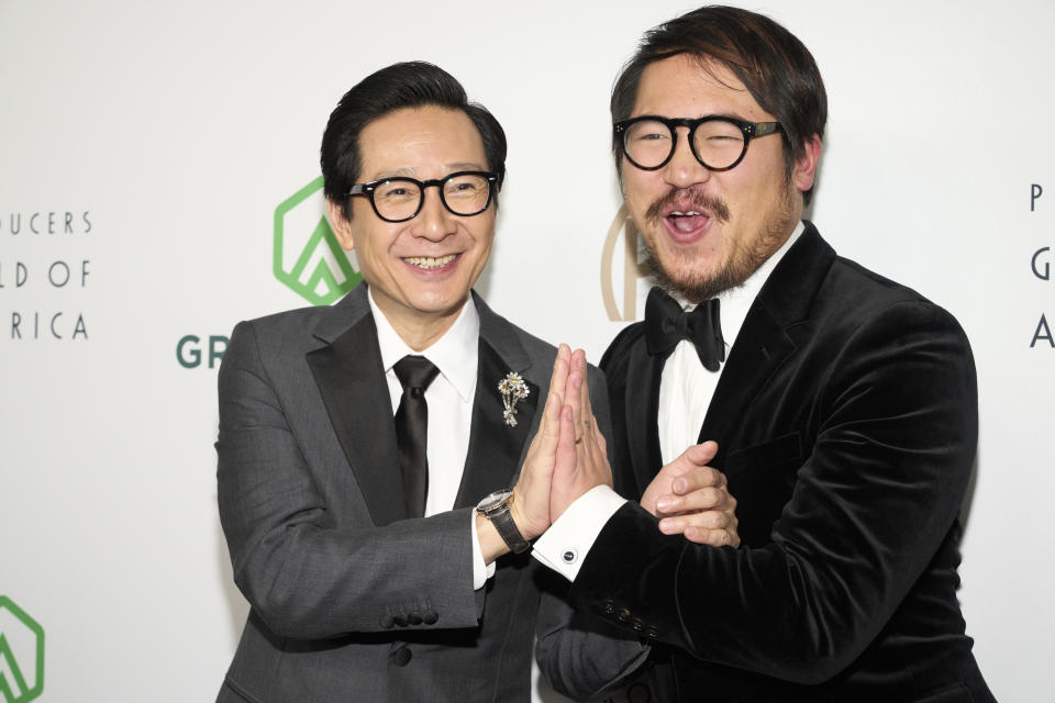 Ke Huy Quan, left, and Daniel Kwan arrive at the 34th annual Producers Guild Awards on Saturday, Feb. 25, 2023, at the Beverly Hilton Hotel in Beverly Hills, Calif. (Photo by Allison Dinner/Invision/AP)