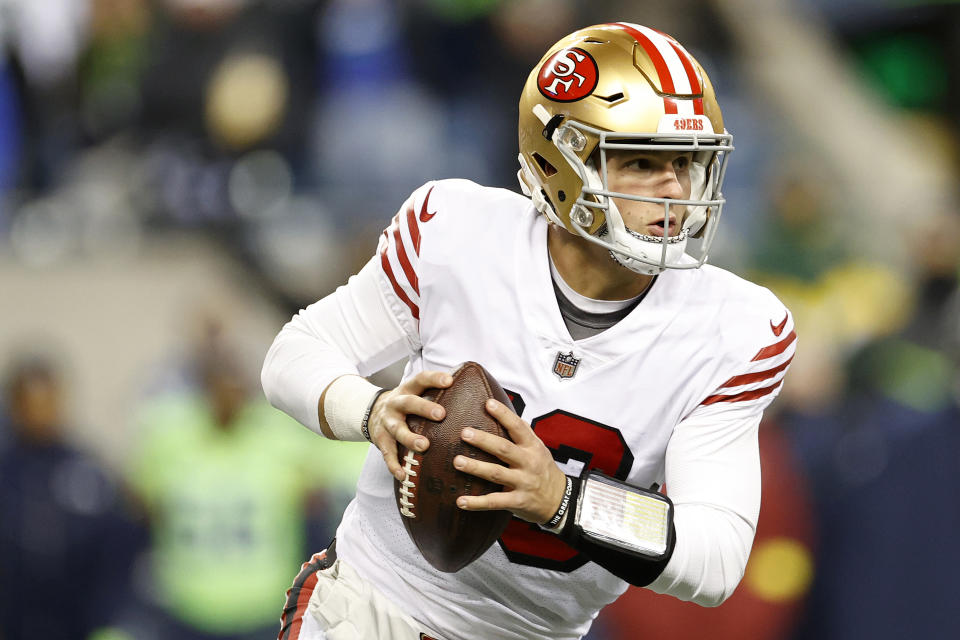 Brock Purdy #13 of the San Francisco 49ers is gaining fantasy value