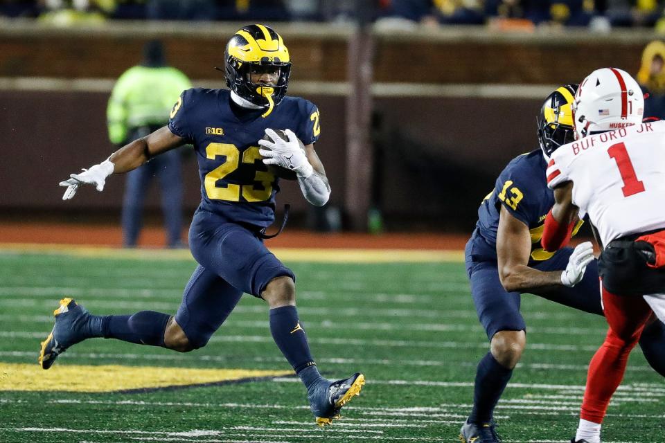 Michigan running back C.J. Stokes runs against Nebraska during the second half of U-M's 34-3 win over Nebraska on Saturday, Nov. 12, 2022, in Ann Arbor.