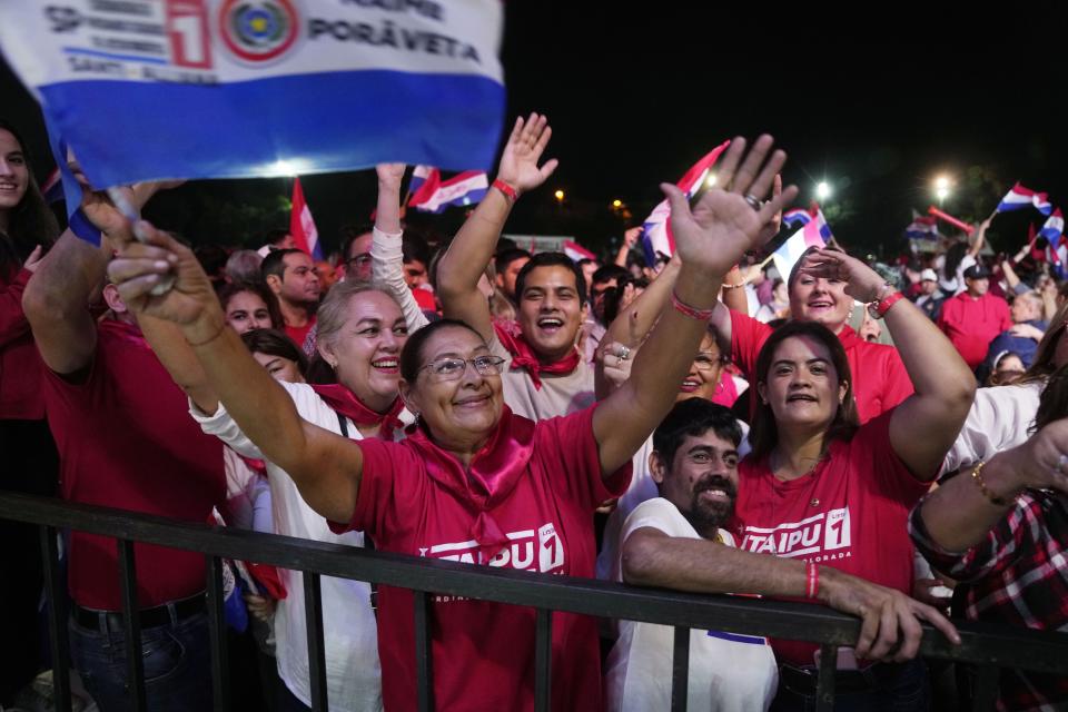 Supporters of the Colorado political party participate in a rally at Asuncion, Paraguay, Tuesday, April 18, 2023. Paraguay´s general elections are scheduled for April 30th. (AP Photo/Jorge Saenz)