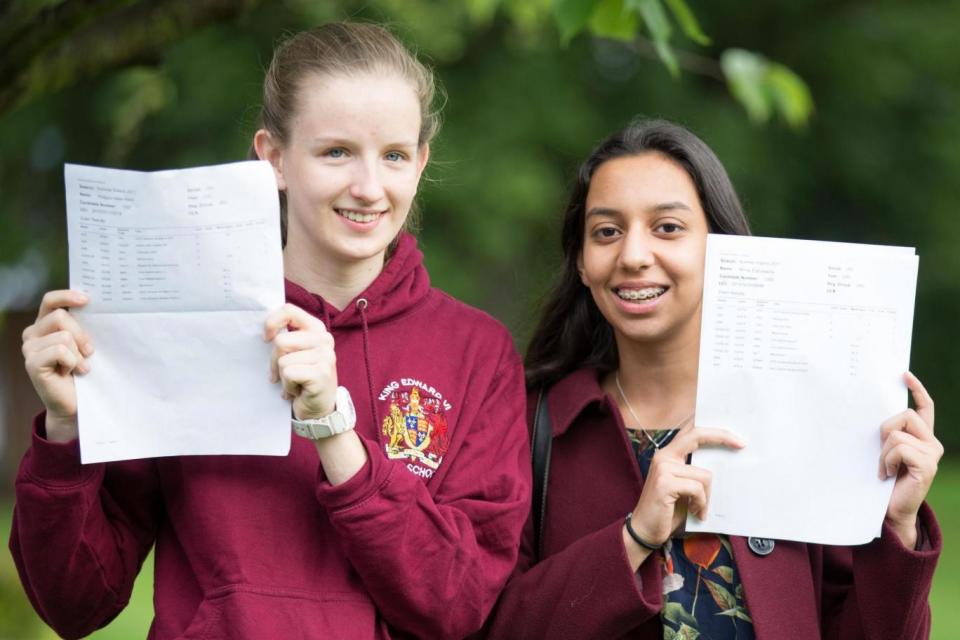 Getting the grades: Philippa Kent (left) who is going to Hartford College Oxford to study Archaeology and Anthropology and Mirna Elghobashy who is going to Birmingham University to study Medicine (PA)