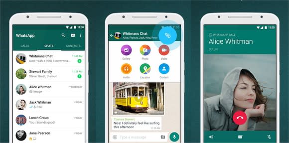 WhatsApp's mobile app shown on three smartphone screens.