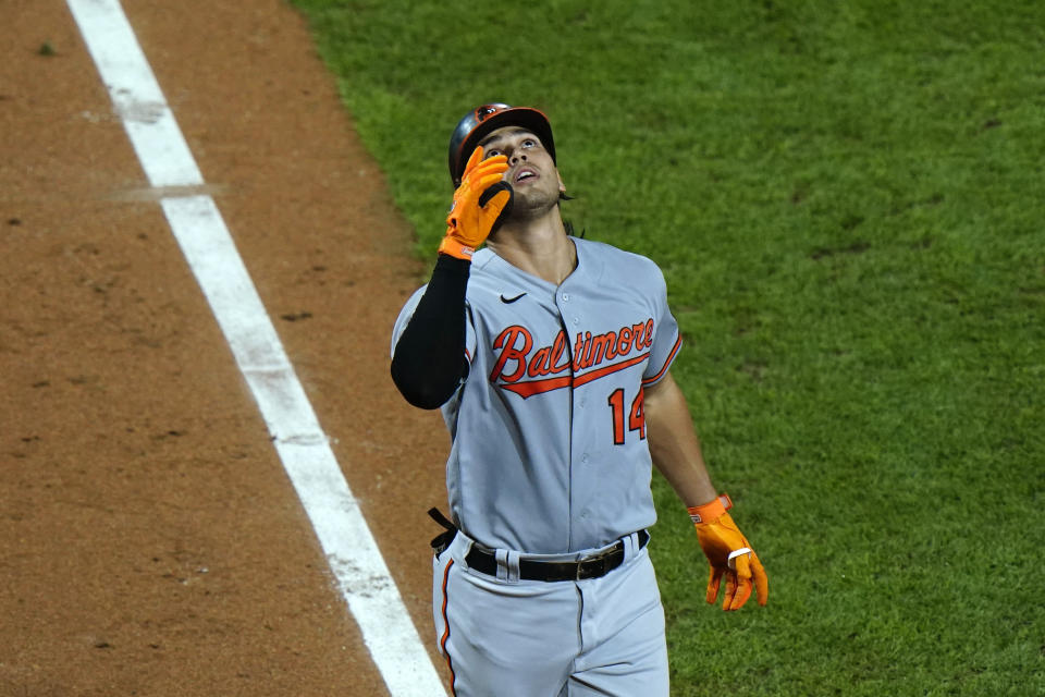 Baltimore Orioles' Rio Ruiz reacts after hitting a home run off Philadelphia Phillies pitcher Zach Eflin during the fifth inning of a baseball game, Wednesday, Aug. 12, 2020, in Philadelphia. (AP Photo/Matt Slocum)