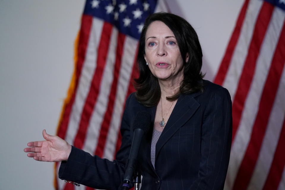 U.S. Sen. Maria Cantwell (D-WA) speaks during a news conference after the first Democratic luncheon meeting since COVID-19 restrictions went into effect on Capitol Hill in Washington, U.S. April 13, 2021. REUTERS/Erin Scott