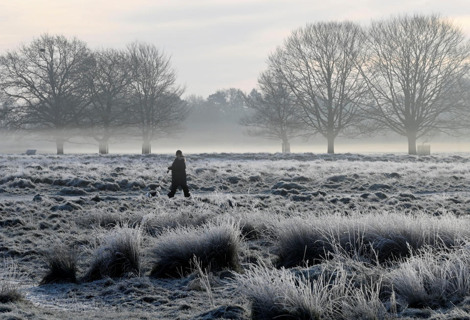 A person walks through frozen grassland as the cold weather continues, in Bushy Park, London, Britain, January 19, 2023. REUTERS/Toby Melville      TPX IMAGES OF THE DAY