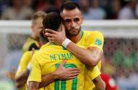 <p>Brazil’s Neymar is embraced by Renato Augusto at the end of the match REUTERS/Toru Hanai </p>