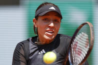 FILE - Jessica Pegula plays a shot against Belgium's Elise Mertens during their third round match of the French Open tennis tournament at the Roland Garros stadium in Paris, Friday, June 2, 2023. Pegula is expected to compete at Wimbledon next week. (AP Photo/Jean-Francois Badias, File)