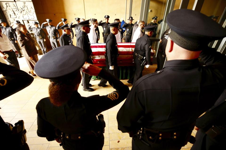 A funeral mass was held for slain Los Angeles Police officer Juan Diaz at the Cathedral of Our Lady of the Angels in Los Angeles, Calif., on Aug. 12, 2019. (Al Seib/Los Angeles Times via AP)