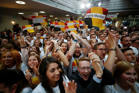 People at the Christian Democratic Union CDU headquarters react on first exit polls in the German general election (Bundestagswahl) in Berlin, Germany, September 24, 2017. REUTERS/Kai Pfaffenbach