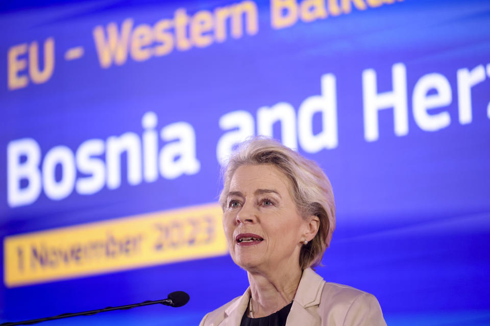 European Commission President Ursula von der Leyen speaks to the media during a joint news conference with the President of the Council of Ministers of Bosnia and Herzegovina Borjana Kristo in Sarajevo, Bosnia, Wednesday, Nov. 1, 2023. (AP Photo/Armin Durgut)