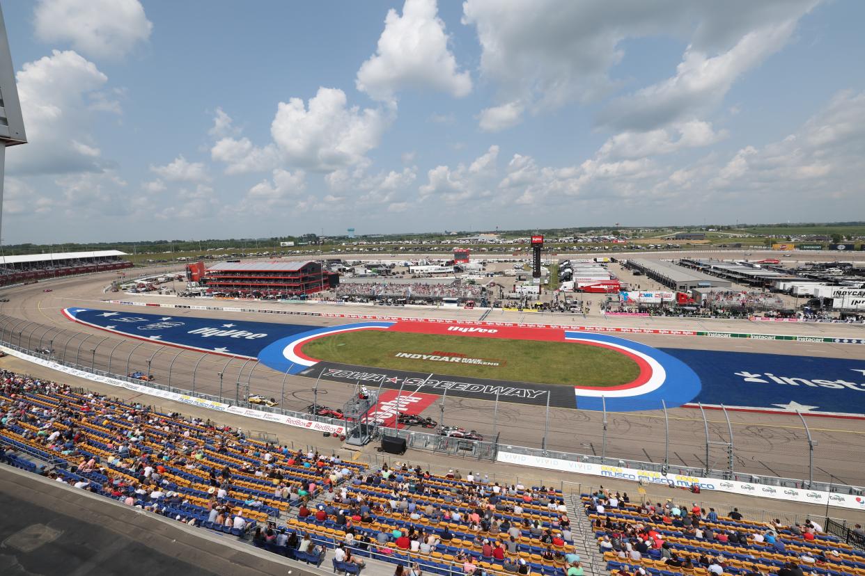 IndyCar drivers race during the Hy-Vee Homefront 250 at Iowa Speedway on Saturday in Newton.