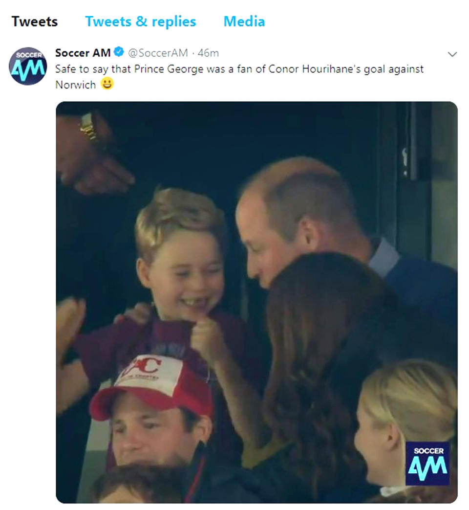 The six-year-old was joined by his parents the Duke and Duchess of Cambridge, as well as his four-year-old sister Charlotte. Photo: Soccer AM/Twitter/PA Wire 