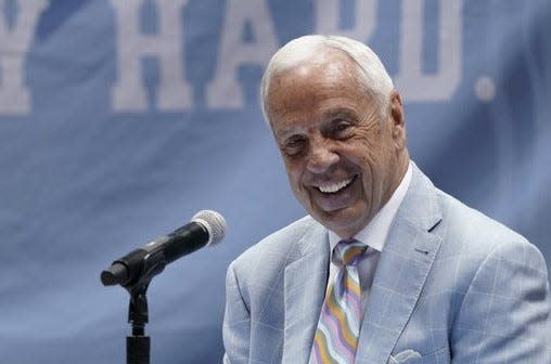 Former North Carolina basketball coach Roy Williams speaks at a press conference in this file photo.