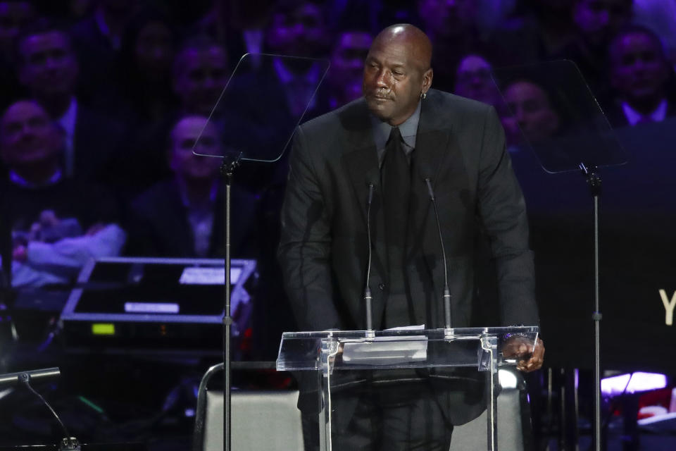 Former NBA player Michael Jordan cries while speaking during a celebration of life for Kobe Bryant and his daughter Gianna Monday, Feb. 24, 2020, in Los Angeles. (AP Photo/Marcio Jose Sanchez)