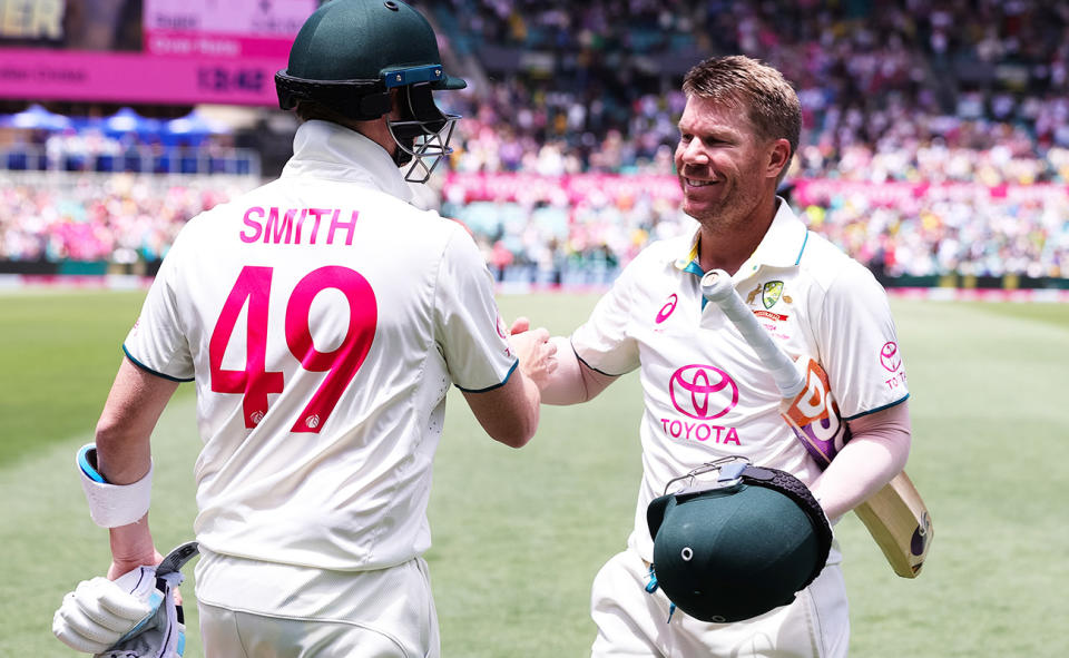 David Warner, pictured here embracing Steve Smith after his final innings in Test cricket.