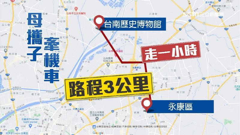 母攜子牽車於車陣中，步行約1小時3公里的路程。