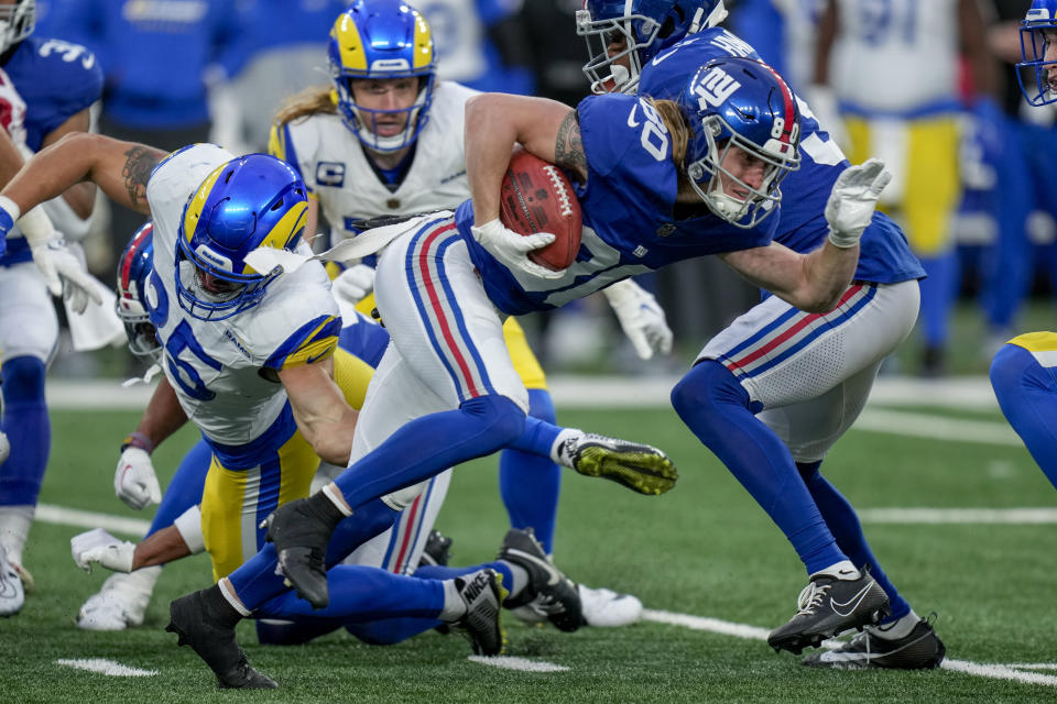 New York Giants wide receiver Gunner Olszewski (80) runs in a touchdown on a punt return during the second half an NFL football game against the Los Angeles Rams, Sunday, Dec. 31, 2023, in East Rutherford, N.J. (AP Photo/Seth Wenig)