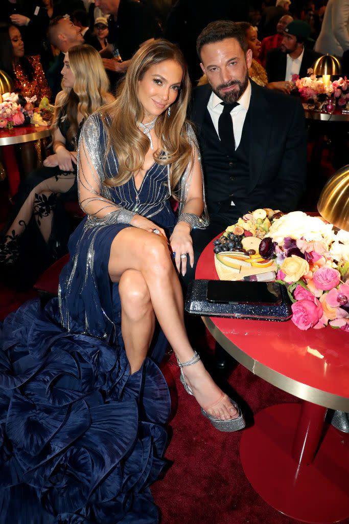los angeles, california february 05 l r jennifer lopez and ben affleck pose during the 65th grammy awards at cryptocom arena on february 05, 2023 in los angeles, california photo by johnny nunezgetty images for the recording academy