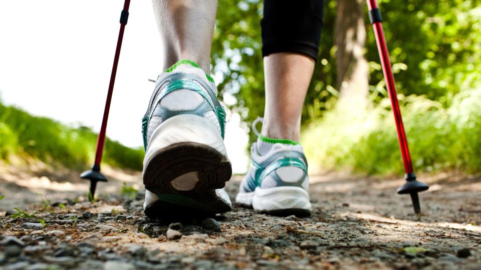 A person walking on a trail with nordic walking poles