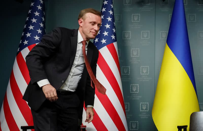 White House National Security Advisor Sullivan leaves a news briefing in Kyiv