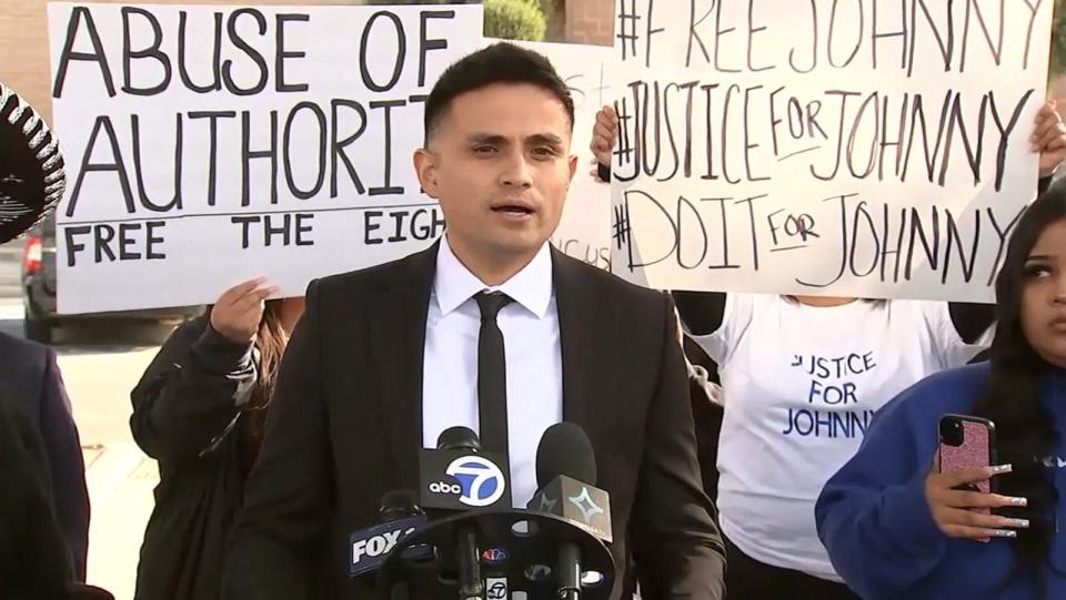 PHOTO: Christian Contreras, attorney for Edin Alex Enamorado, speaks at a press conference in Victorville, Calif., on Dec. 18, 2023. (KABC)