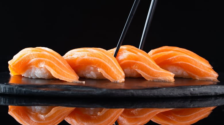 Row of salmon sushi