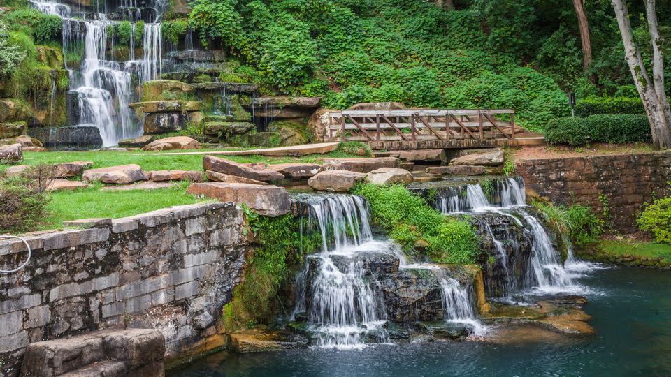 Cold Water Falls is a man-made lighted waterfall at the head of Spring Park in Tuscumbia. - Ron Buskirk/Alamy Stock Photo