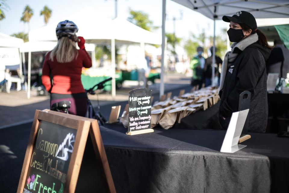 Palm Desert Certified Farmers Market takes place on the first day in its new location on San Pablo Avenue on Wednesday, December 2, 2020.