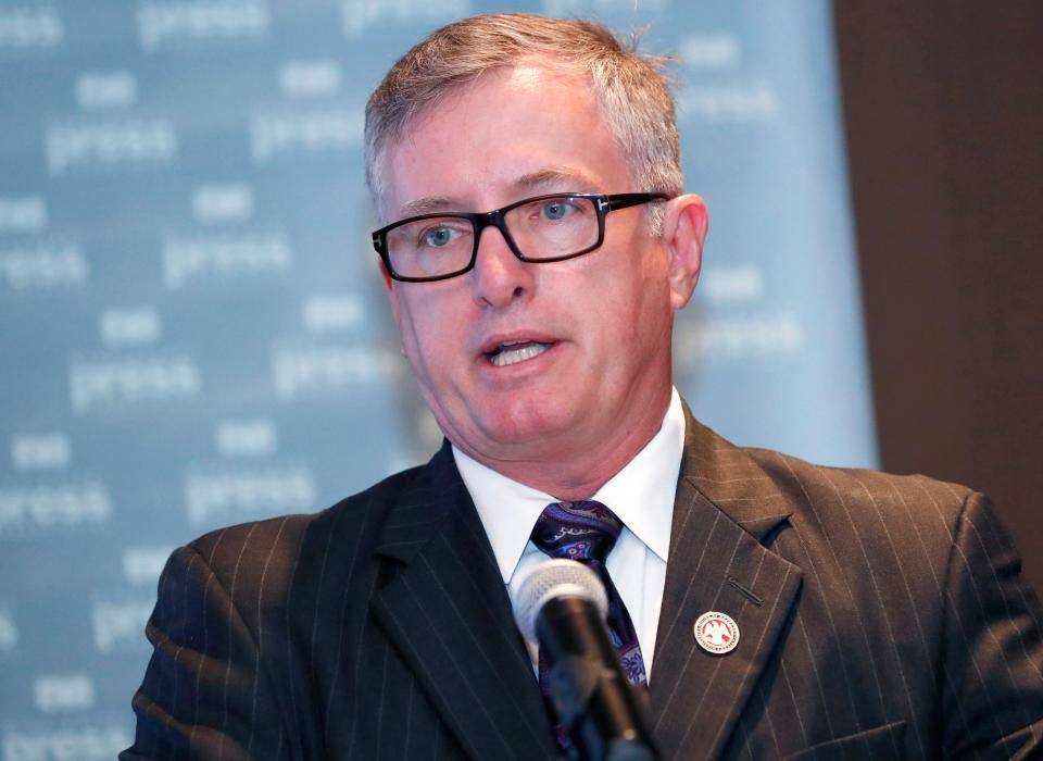 Rep. Jay Hughes, D-Oxford, a candidate for the Democratic nomination for lieutenant governor, addresses editors and publishers at the annual Mississippi Press Association Candidates Forum in Biloxi, Miss., Friday morning, June 21, 2019. (AP Photo/Rogelio V. Solis)