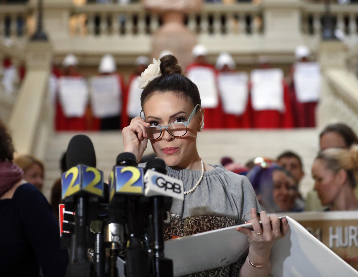 Actress Alyssa Milano speaks after delivering a letter to Gov. Brian Kemp's office detailing her opposition to HB 481 at the State Capitol Tuesday, April 2, 2019. (Photo: John Bazemore/AP)