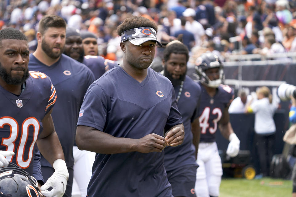 Chicago Bears linebacker Roquan Smith walks off the field at halftime of an NFL preseason football game between the Bears and the Kansas City Chiefs Saturday, Aug. 13, 2022, in Chicago. (AP Photo/Nam Y. Huh)